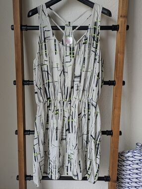 Parker Women's 100% Silk White Mini Dress with Black and Lime Green Abstract